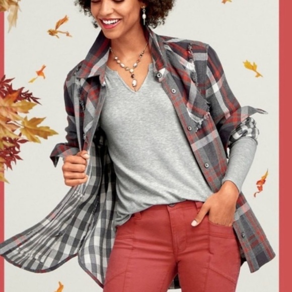 CAbi Women’s #4164 Plaid Tavern Shirt Ruffle Jacket in Gray Red White, sz SM - Picture 2 of 12